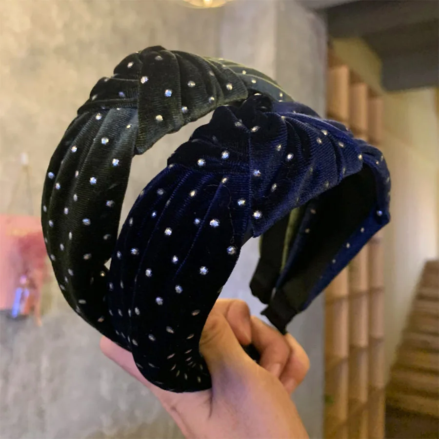 

Haimeikang Pearls Bezel Head Hoop Solid Color Velvet Tiara Knotting knot Headband Retro Fashion Wide Women Hair Accessories
