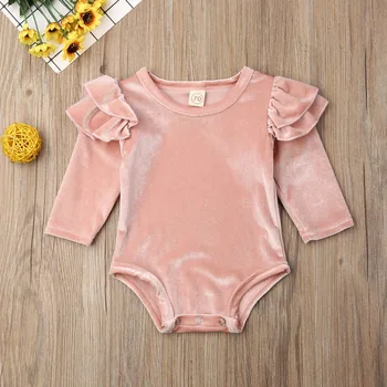 

0-18M Newborn Infant Baby Girls Velvet Playsuit Long Sleeve Ruffles Jumpsuit Princess Baby Girl Autumn Spring Clothes Solid