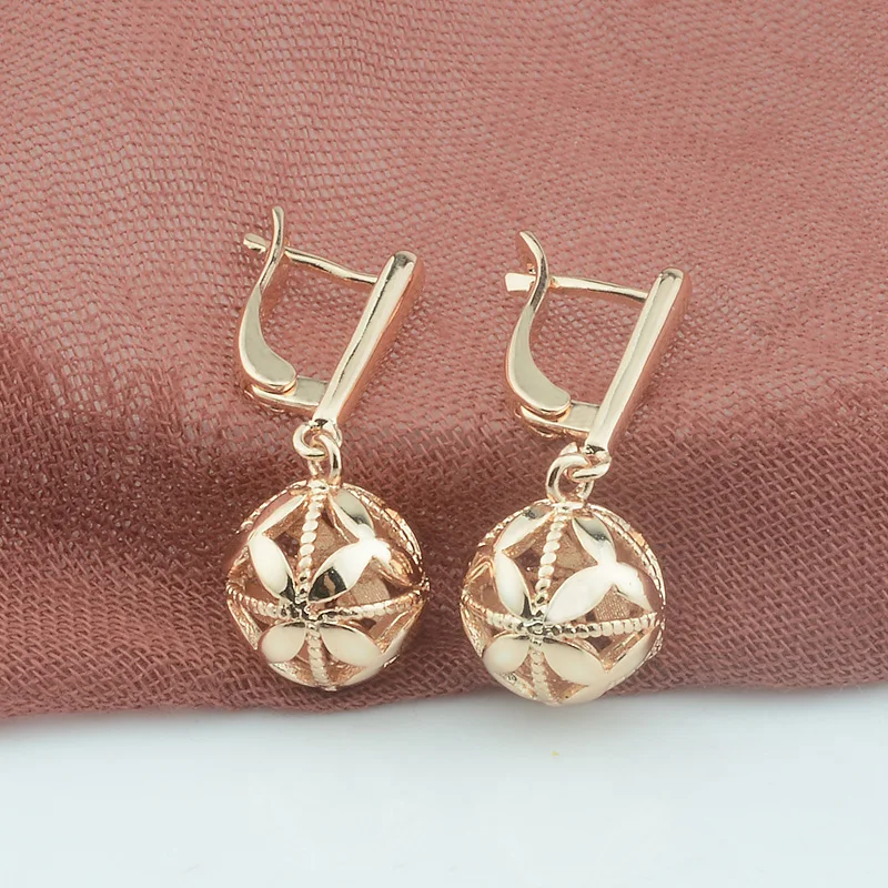 

FJ Women Long Earrings 585 Rose Gold Color Carving Round Ball Drop Dangle Earrings