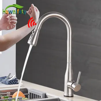

Brushed Nickel Kitchen Sensor Faucet Stream Spray Modes Pull Out Spout 360 Rotation Swivel Hot Cold Mixer Crane Tap