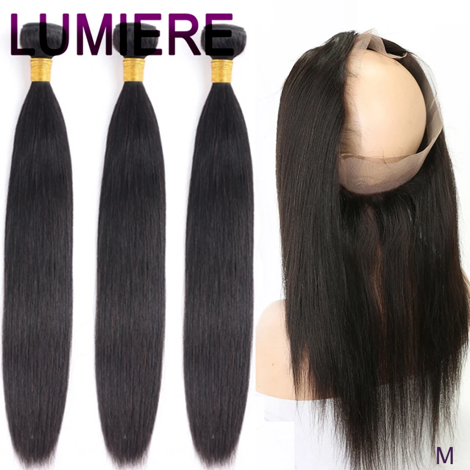 

Lumiere Brazilian Straight Hair Bundles with 360 Lace Frontal Natural Color Non-Remy Human Hair Weave Bundles with Closure