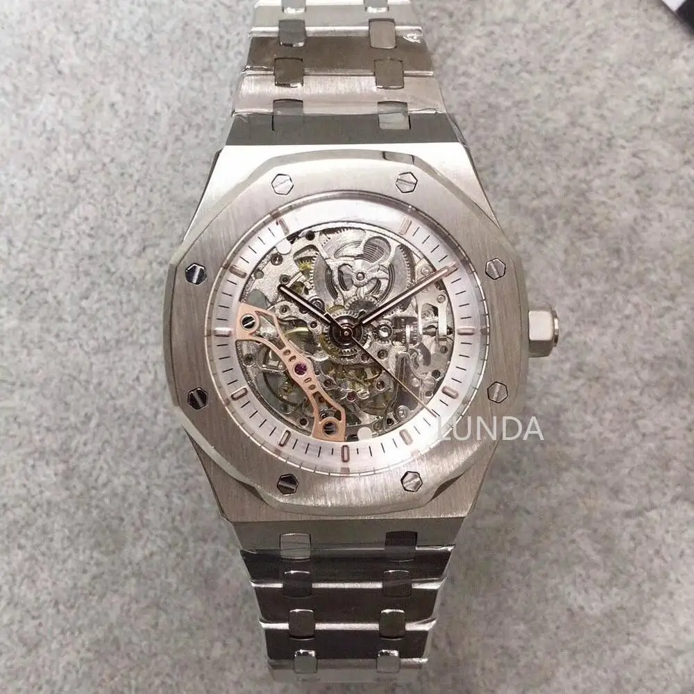 

Top watch high quality 44MM skeleton dial automatic movement Solid Stainless strap wrist watch
