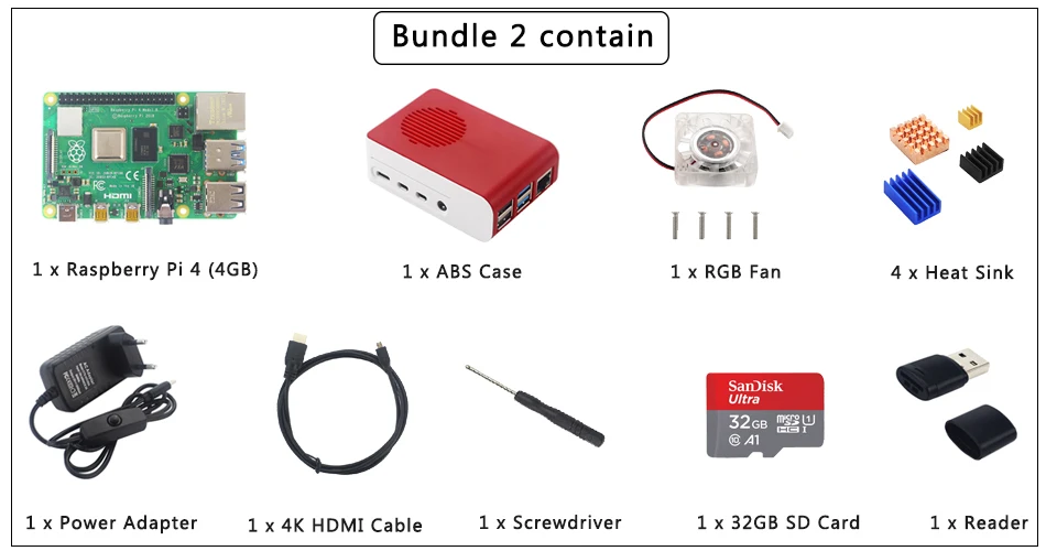 UK Raspberry Pi 4 Модель B комплект+ ABS чехол+ светодиодный светильник вентилятор+ питание+ Micro HDMI+ радиатор дополнительно 64 32 Гб SD карта | ридер