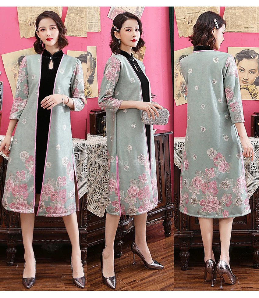 Традиционная китайская одежда Cheongsam Qipao для женщин и девочек, азиатская уличная одежда, замшевое пальто Ao Dai Morden, Ретро платье, комплект из двух предметов