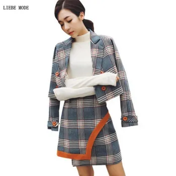 

Office Ladies Plaid Stripe Mini Skirt Suit Double Breasted Short Black and Skirt 2 Two Pieces Jacket Set Autumn Mini Skirts Suit