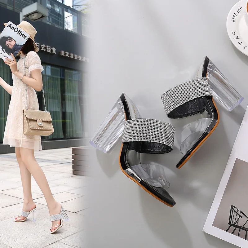 

2019 Summer Slipper Europe And America Sexy Transparent shui jing gen Peep-Toe Man-made Diamond Sandals Thin Heeled Ultra-High-H