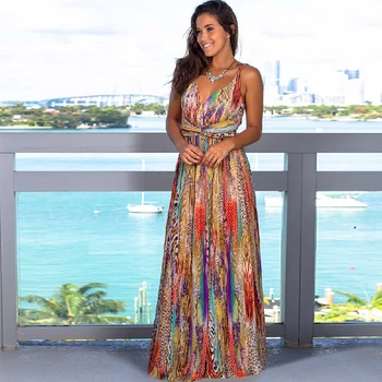 

2020 New Summer Women Cotton V-Neck High Quality Beach Dress Female Fashion Casual Printing Stitching Big Swing Dress QX75