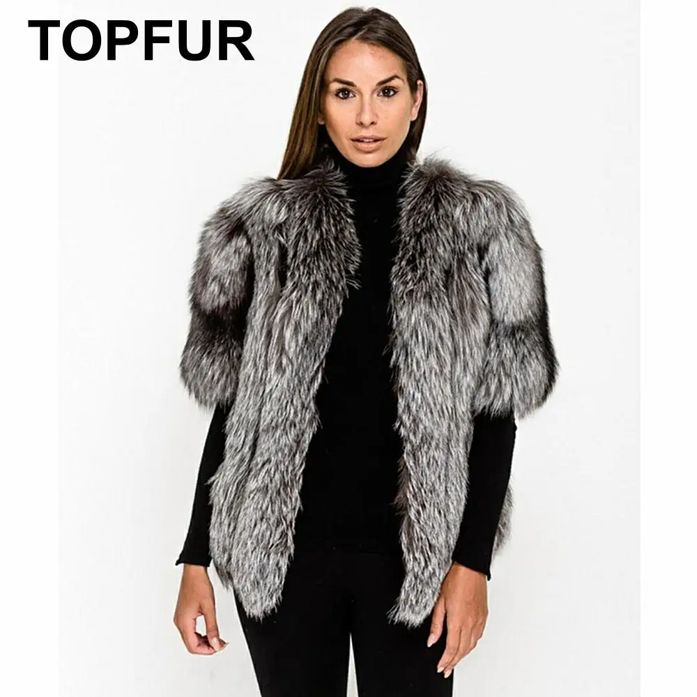TOPFUR, модное зимнее короткое пальто, кожаная куртка, настоящий натуральный мех серебристой лисы, натуральный мех, Женское пальто с коротким рукавом, Manteau Femme