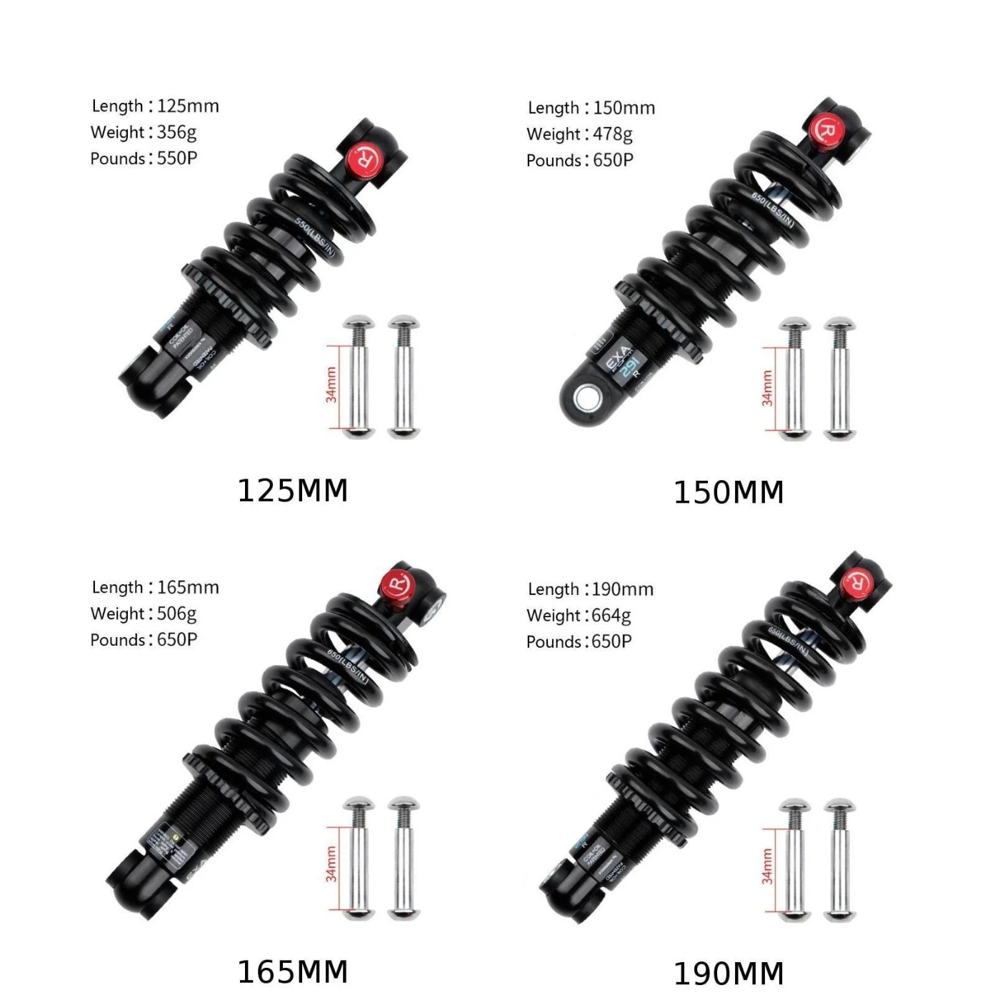VXXV Mountain Bike Shock Absorber MTB 125mm/ 150mm/ 165mm/ 190mm Adjustable Spring Downhill Rear Shock 450Lbs /650Lbs /750Lbs /850Lbs VXXV Mountain Bike Shock Absorber MTB 125mm/ 150mm/ 165mm/ 190mm Adjustable Spring Downhill Rear Shock 450Lbs /650Lbs /750Lbs /850Lbs