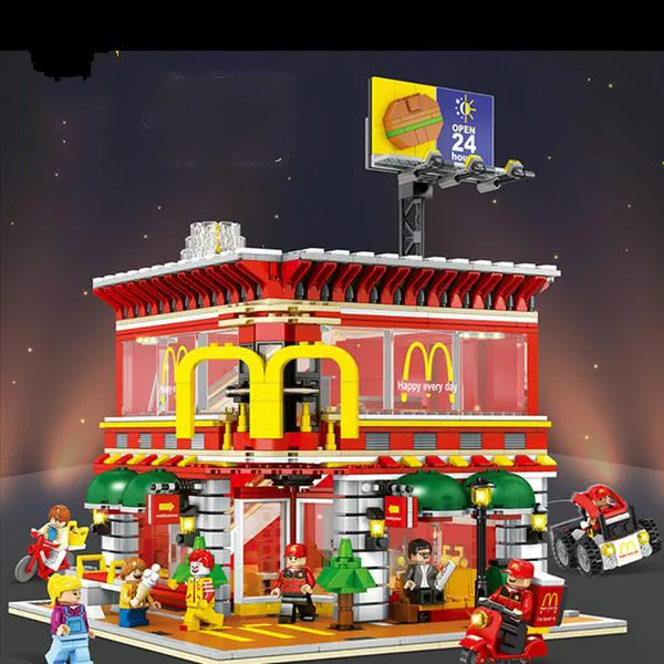 

legoinglys SD6901 Mini Street View LED McDonaldss Restaurant House Building Blocks Model Architecture DIY toys figures for Kids