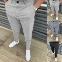 

Summer Casual Cotton Mid Waist Solid Color Trousers Elastic Casual Pants Button Pockets Ankle Length Slim Jogger Men Clothing