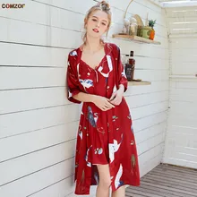 Пижамы халат наборы шелковое платье женская домашняя одежда кран печатных 2 шт костюм пижамы сексуальная ночная одежда Набор для завтрака