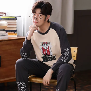 

MELIFLE Autumn Cotton Men's Sleepwear Long Sleeve Loose Cartoon Print Male Pajamas Set Winter Warm O-Neck Leisure Silk Nightwear