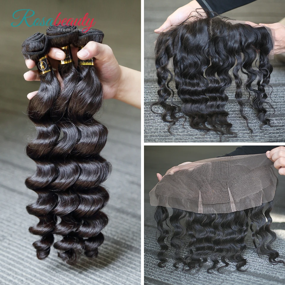 

[Rosabeauty] OneCut Hair Loose Wave 8-30inch H Brazilian Human Raw Virgin Unprocessed Hair Natural Color 3 Bundles With Frontal