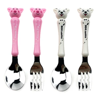

Cartoon Stainless Steel Spoon Fork for Kids Children Baby Food Feeding Tableware Cute Pig and Dog