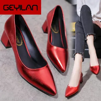 

2020 Spring Women's High Heels Sexy Bride Party mid Heel Pointed toe Pumps shoes Women shoes big size 34-41