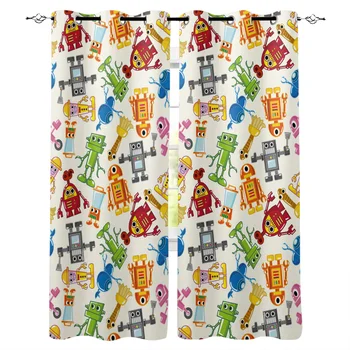 

Colour Robot Window Curtains Cartoon Living Room Kitchen Curtains for Bedroom Left and Right Biparting Open Curtains
