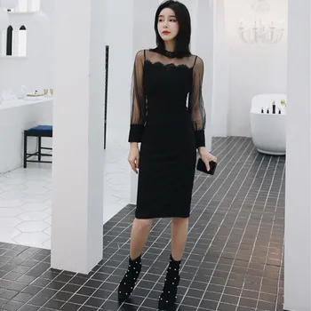 

Women Lace Patchwork Basic Wear Bodycon Midi Dress Women Black Autumn Winter Dress 2019 Ropa Mujer Lace Patc Sexy Wrap Dress