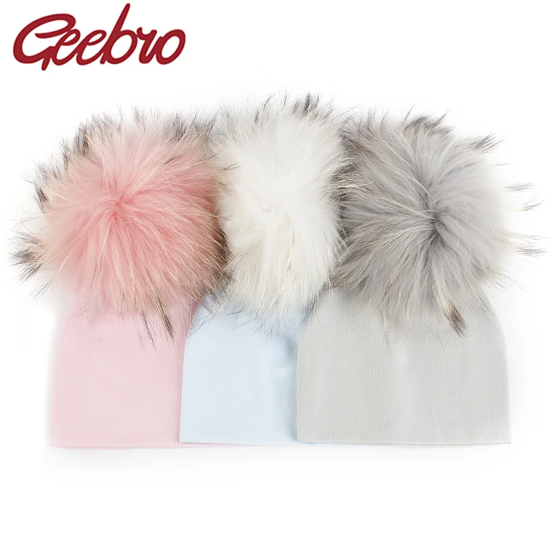 

Geebro Newborn Soft Cotton 15 cm Real fur pompom Beanies Hats For Baby Boys Girls Autumn Winter Kids Infants Toddler Baby Hats