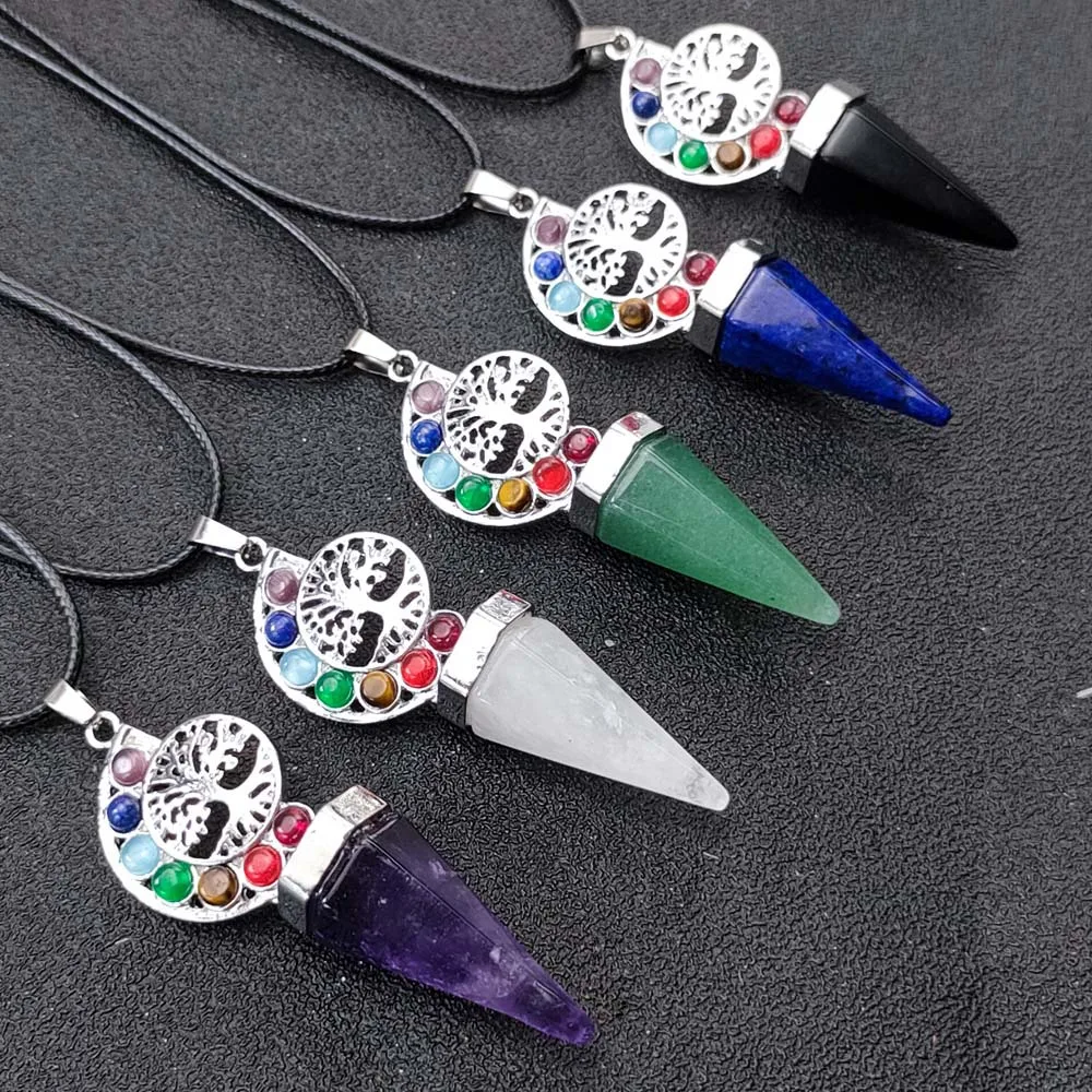 

Natural Aventurine Lapis Amethyst Tree Of Life 7 Chakra Reiki Healing Pendant Rope Chain Pendulum Necklace Jewelry Women Men