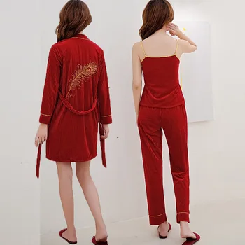 

Velour Embroidery Sleepwear Female with Chest Pads Sexy Women Pajamas Lace Sleep Lounge 3 Pieces Sets Ladies Indoor Clothing