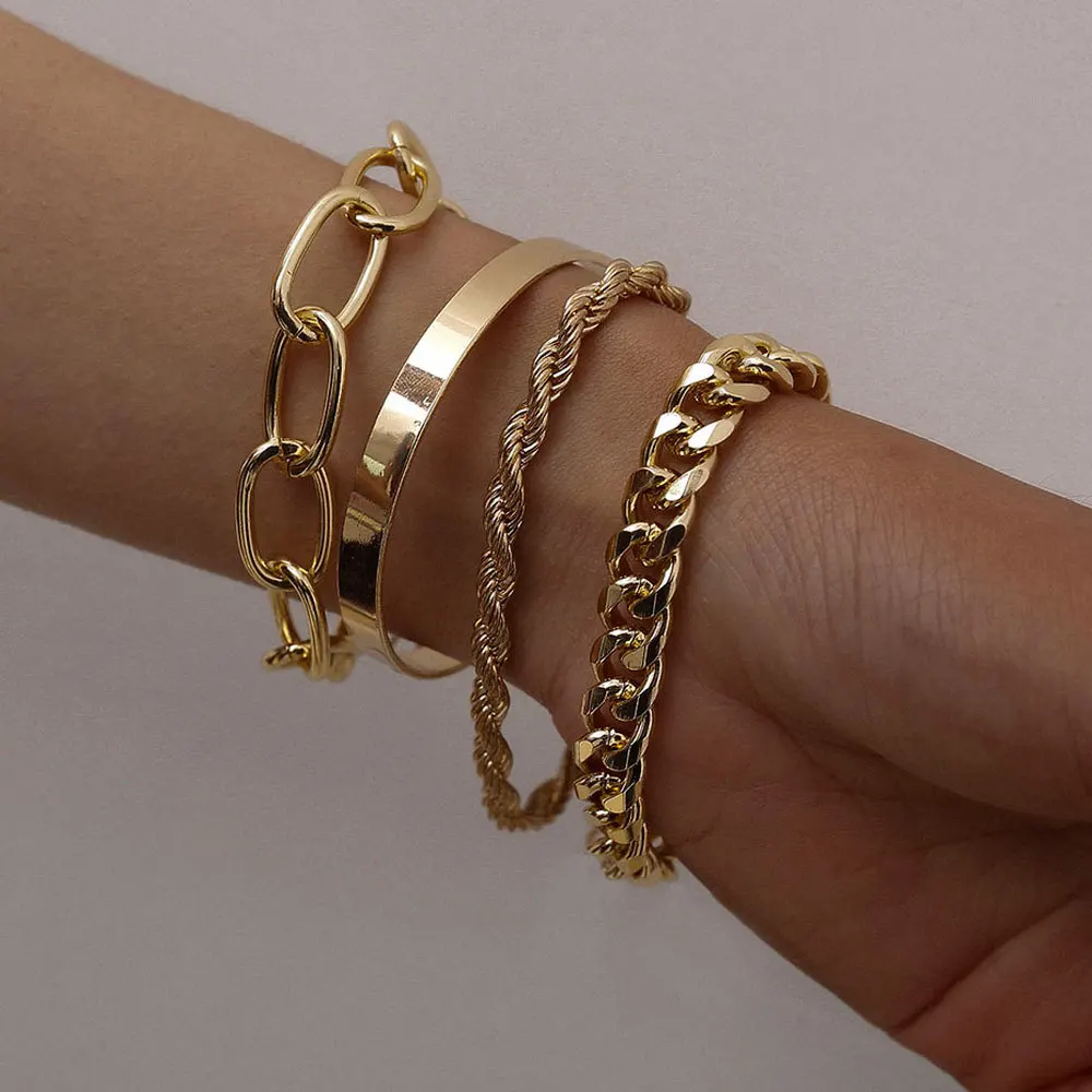 

4 pieces/set of hip hop chunky thick Miami curb hip hop Cuban bracelet punk metal twisted rope chain bracelet jewelry gift