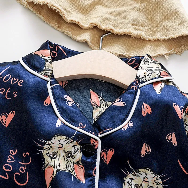 Осенний пижамный комплект для маленьких девочек и мальчиков; комплект одежды для сна с рисунком кота; блузка с длинными рукавами; топ+ штаны; Пижама