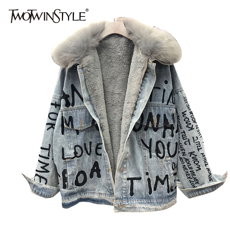 TWOTWINSTYLE лоскутные меховые джинсовые парки для женщин с длинным рукавом теплые