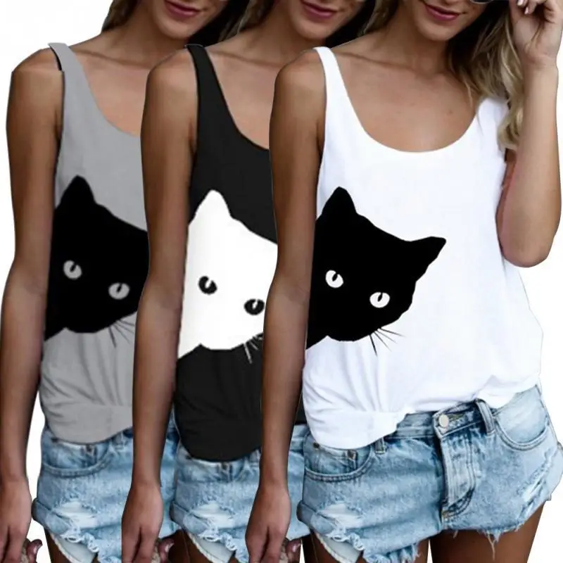 

Summer Women Tank 2 Tops Fashion Cotton Cat Pinrt Sexy Vest Female Loose Sleeveless T-Shirt O-neck Casual Vest Tops Female Tee