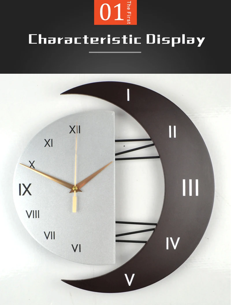 Настенные часы в форме полумесяца, креативный дизайн, большие настенные часы с 3d металлическим указателем, 12/16 дюймов круглые Настенные часы для гостиной, домашний декор