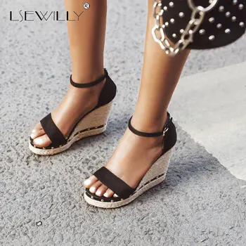 

Lsewilly 2020 Fashion Flock Peep Toe Wedges High Heels Shoes Woman Sandals Female Platform Buckle Strap Sandals Women Shoes