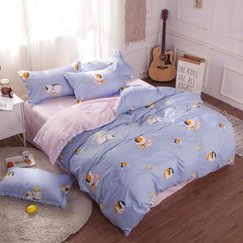 

Comforter bedding sets blue Cartoon animals cat zipper Duvet Cover sets Egyptian Cotton Bedding for children's bedroom bed sets