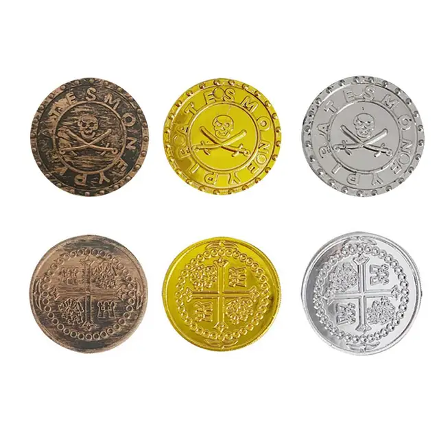 100pcs Pirates Gold Coins Plastic Gold Coins Props Game Accessary Funny Playing Toys For Kids Children Golden Silver Bronze Coin 5