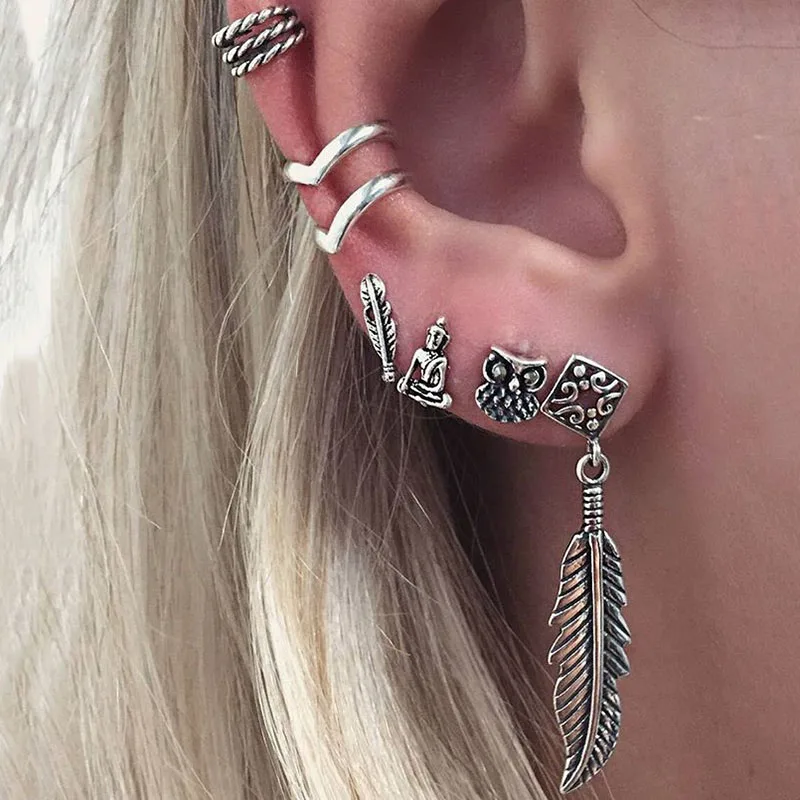 

Vintage Earring Sets Antique Silver Crown Moon Circle Bohemia Ear Clip Stud Earrings For Women Feather Leaf Owl Earring O4D280