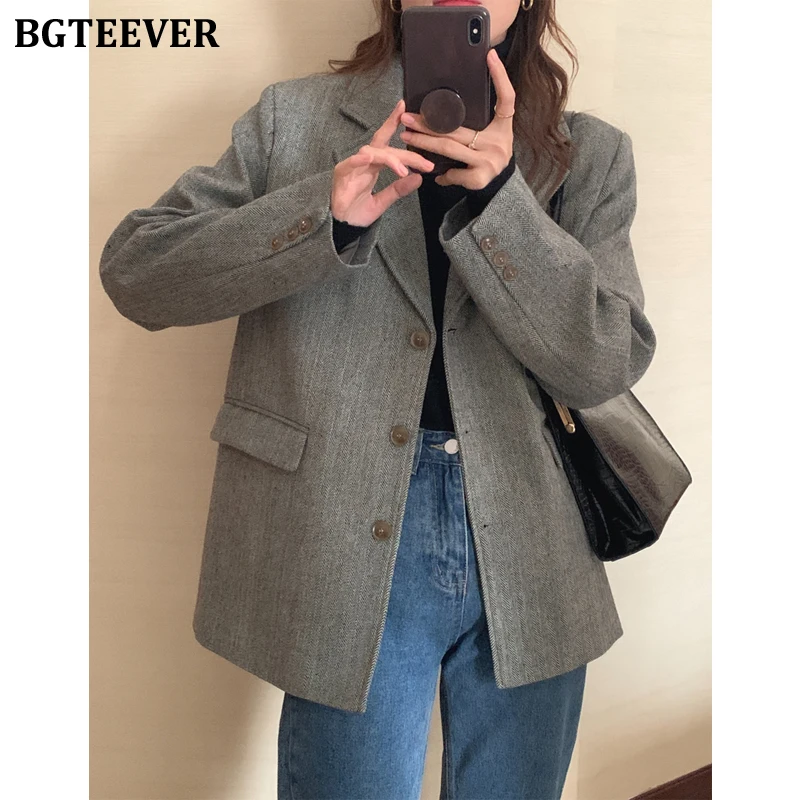 BGTEEVER Elegant Notched Collar Ladies Wool &amp Blend Coats Long Sleeve Lace-up Loose Single-breasted Female Woolen Jackets 2021 | Женская