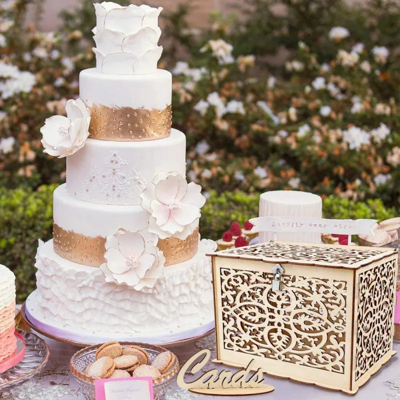 

Hollow Design DIY Wedding New Wooden Box Wedding Supplies DIY Couple Deer Bird Flower Pattern Grid Business Card Wooden Box 2020