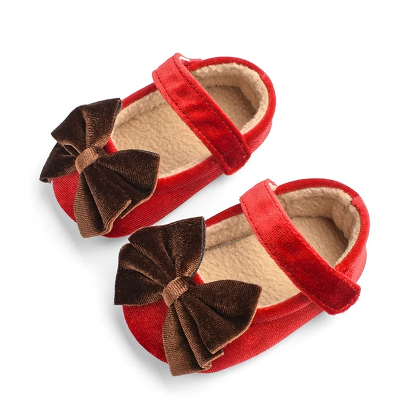 Cute Velvet Flock Princess Bow Shoes Toddler Baby Girls Mary Jane Flats Soft Sole Non-Slip Infant Kids Prewalkers