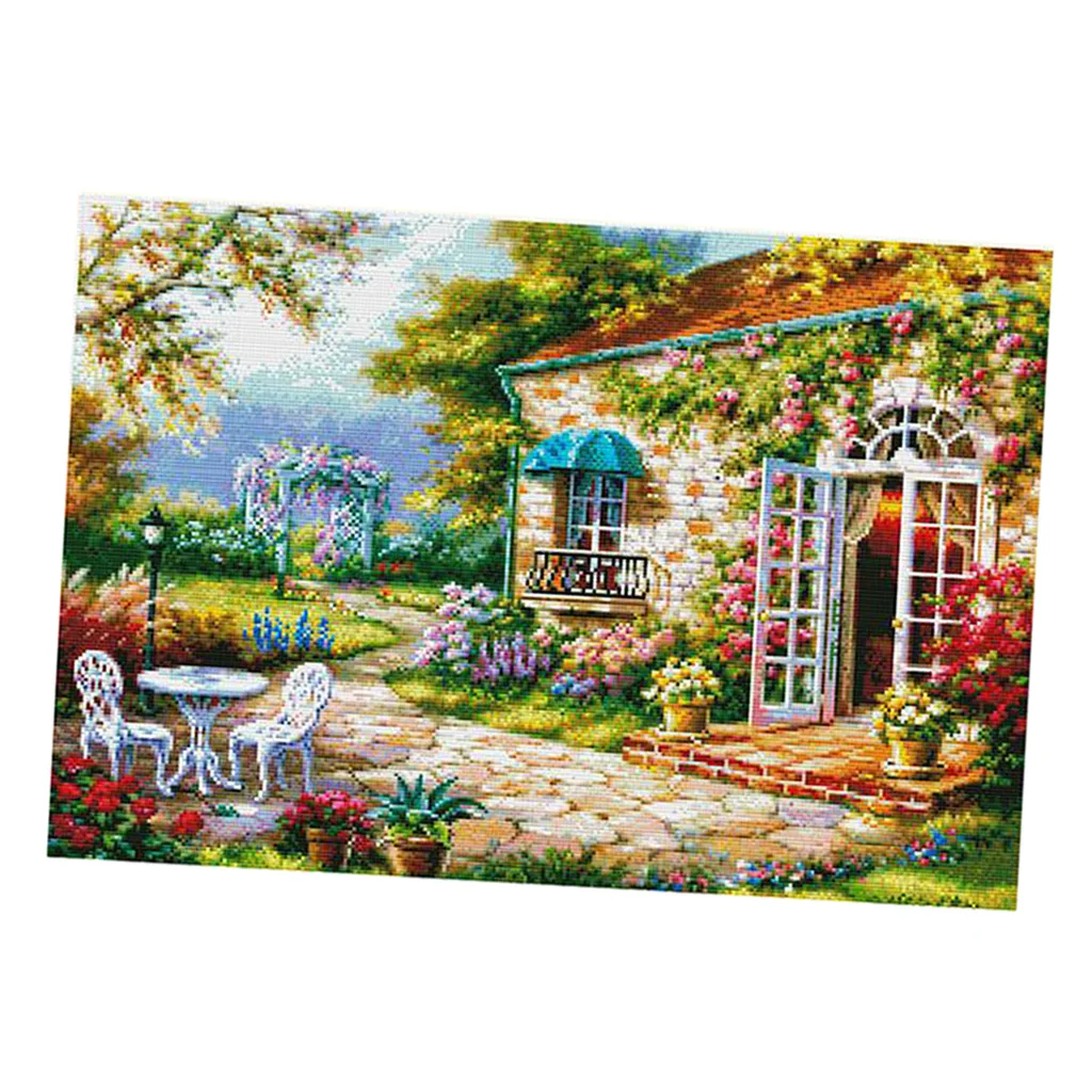 Stamped Cross Stitch Kit 11CT Embroidery Cloth Pre-Printed Garden House Pattern DIY Needle Crafts for Adults Beginners