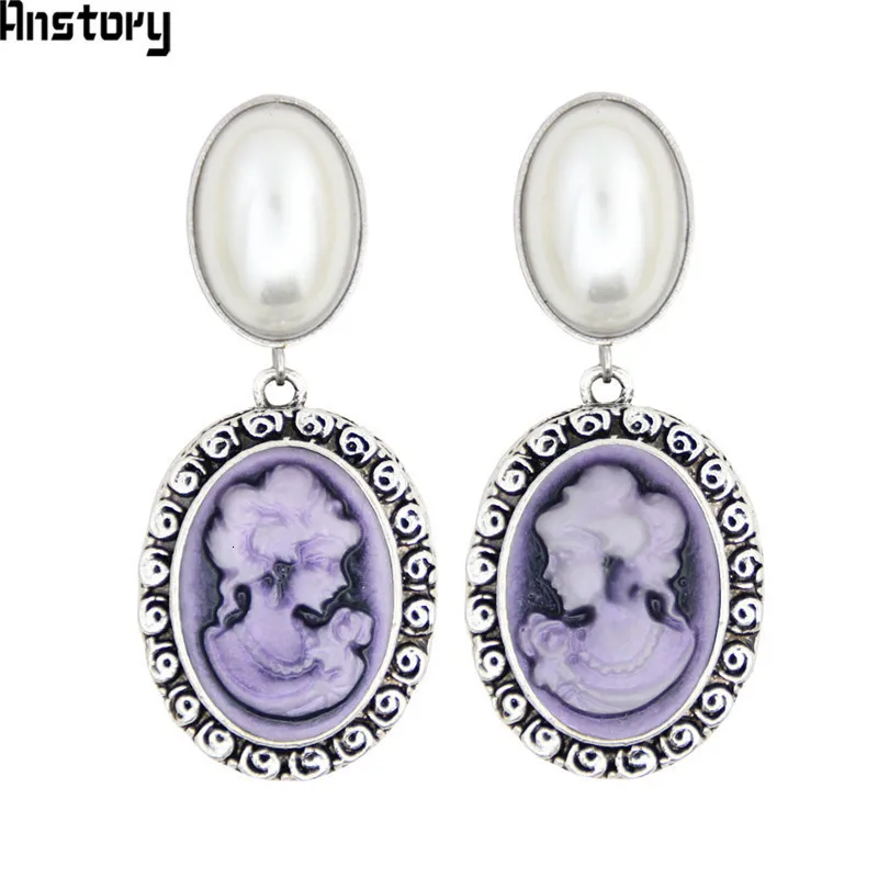 Oval Pearl Earrings Stud For Women Lady Queen Cameo Stud Vintage Look Antique Silver Plated Fashion Jewelry TE492