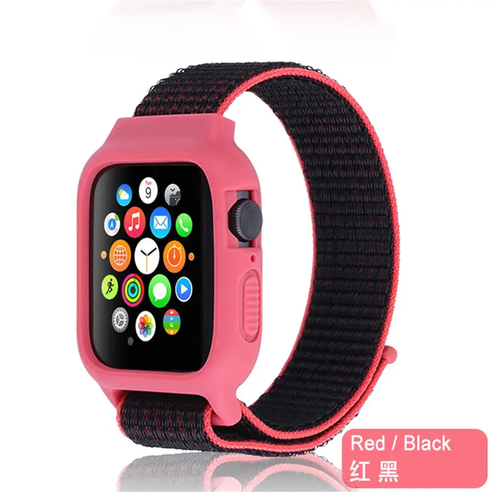 red black Чехол+ ремешок для часов apple watch band iwatch 5 4 3 pulseira correa apple watch 42 мм 44 мм 38 мм 40 мм нейлоновый браслет+ силиконовый чехол - Цвет ремешка: red black