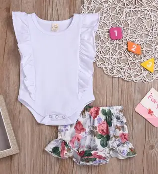 

Children flying sleeve T-shirt big flower pants suit, autumn cotton romper, solid color top and shorts suit