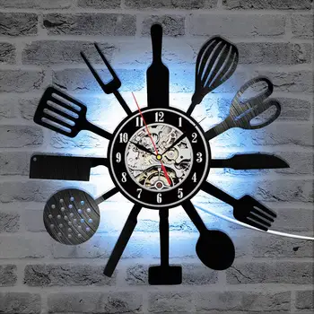 

Kitchen Vinyl Record Wall Clock Modern Design Knife and Fork Time Clock with 7 Colors Cahnge 3D Wall Watch Home Decor