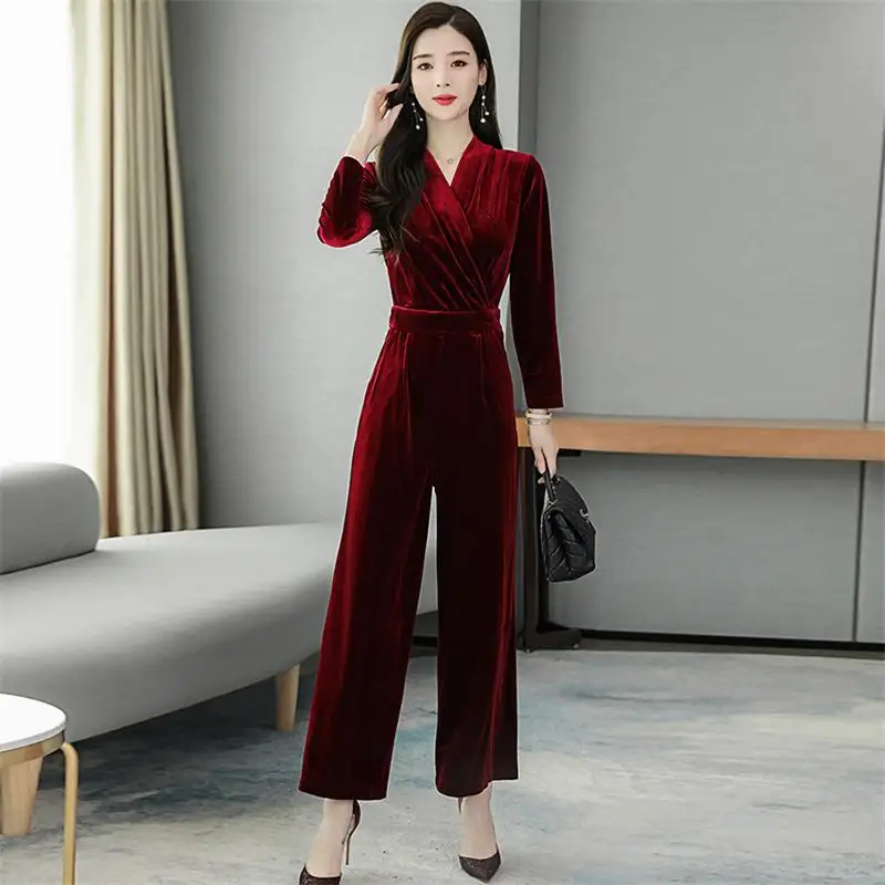 

Velvet Jumpsuits 2020 Fashion Spring Autumn Womens Rompers Office Wear Playsuit Jumpsuit Female New Elegant Trousers Pants N344