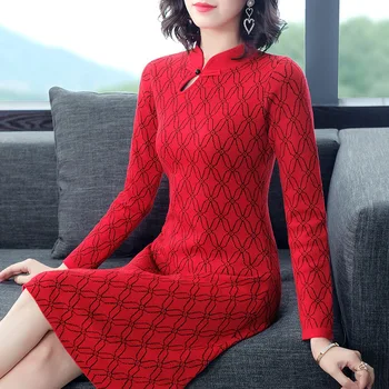 

Winter Dress 2020 Women Vintage Chinese style Stand collar Long sleeve Wool Slim waist A Line Knitted Dress Female S-XL