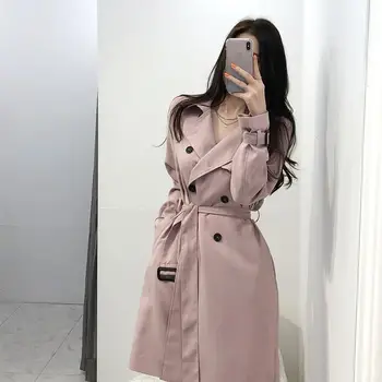 

Women High Waist Windbreaker England Belt Lace Up Double-Breasted Long Trench Coat Adjustable Waist Solid Tops A-Line Outwear