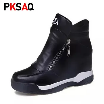 

2019 Winter Women's Leather Casual Shoes Height Increasing Ankle Boots Wedge Boots Keep Warm Fur Shoes Woman Platform Zip Shoes