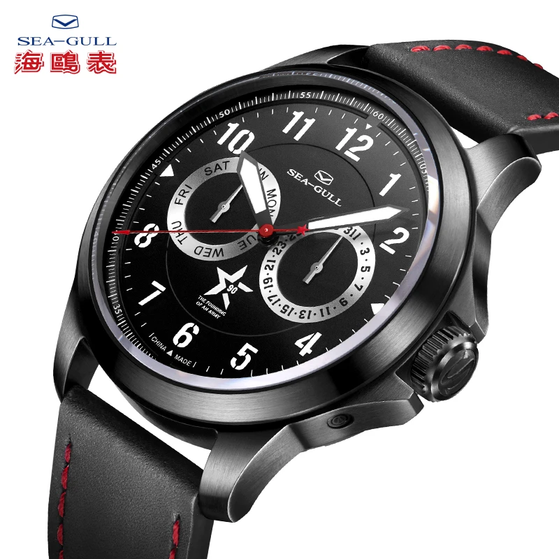 

SEA-GULL Mechanical Watches Men's Wristwatches 100m Waterproof Leather Buckle Calendar Luminous Week Male Watches 819.97.1012H