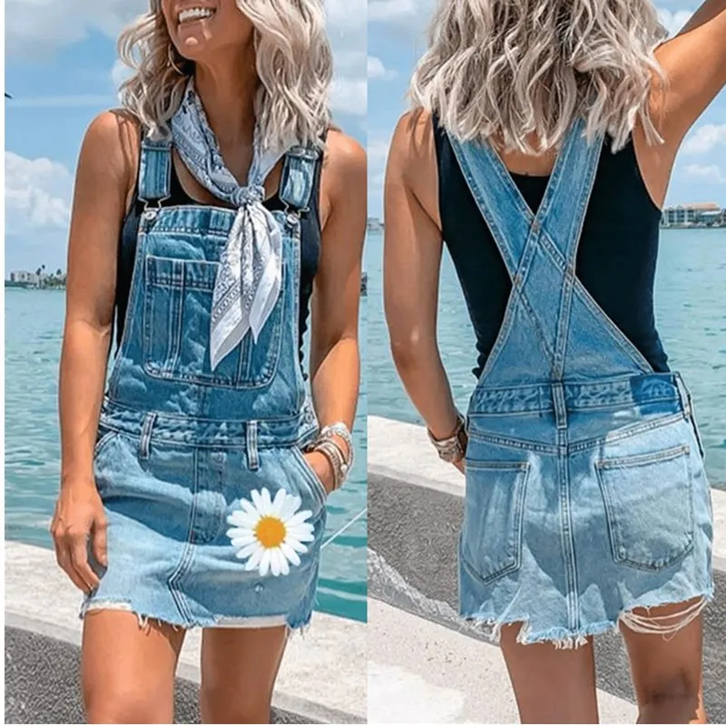 Women Fashion Printing Jumpsuits Women Street Style Condole Belt jeans Shorts Denim Bib Overalls Jumpsuits Size S-5XL