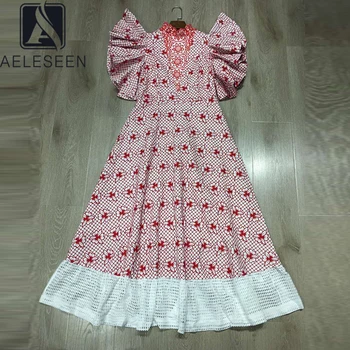 

AELESEEN Runway Fashion Summer Dress 2020 High Qulaity Butterfly Sleeve Red Flower Embroidery Hollow Out Party Holiday Dress
