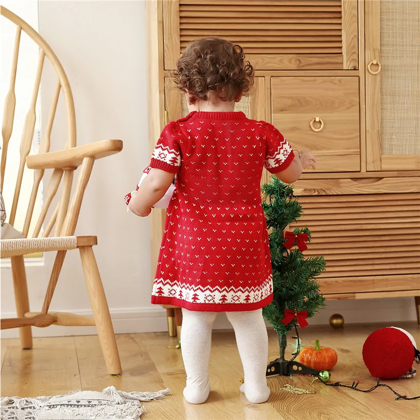 Вязаное платье для малышей Рождественская Одежда для маленьких девочек платье с оленем для маленьких девочек Новогоднее платье для малышей Детское платье для девочек, платья для младенцев